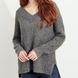 Hollister Oversized Waffle V-Neck Sweater Gray